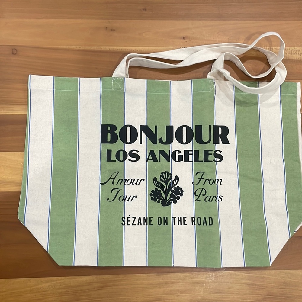 Bonjour Los Angeles - Sezane tote bag green and beige stripes - Picture 1 of 8